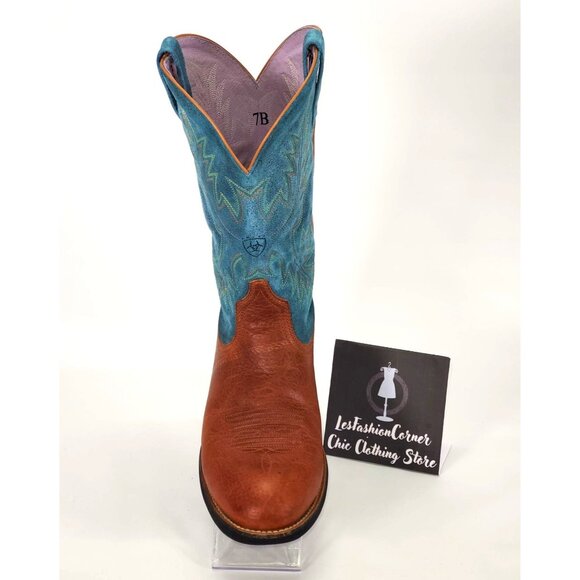 Ariat Women's Blue and Brown Leather Cowgirl Embroidered Wester Boots Sz 7B 1552 - Picture 12 of 15